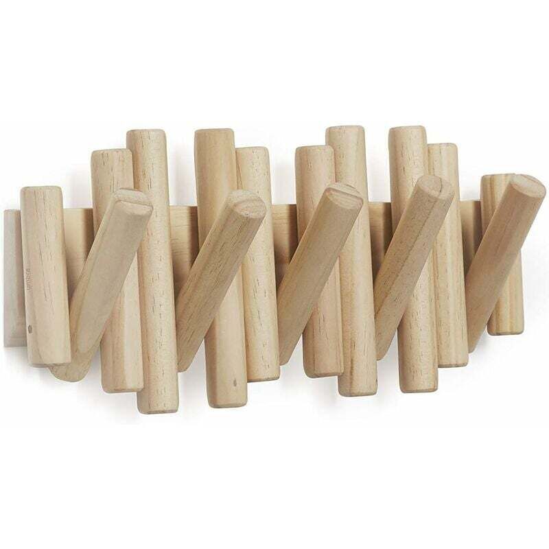 Wooden Wall Coat Rack with 5 Retractable Hooks, 37.1 x 16.5 x 4.4 cm V1188-MS-520-042