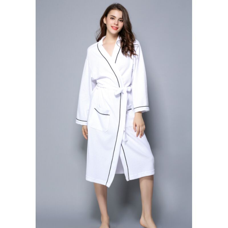 Women Bathrobe, Lightweight Waffle Cotton Unisex Dressing Gown, White L V1188-MS-520-044