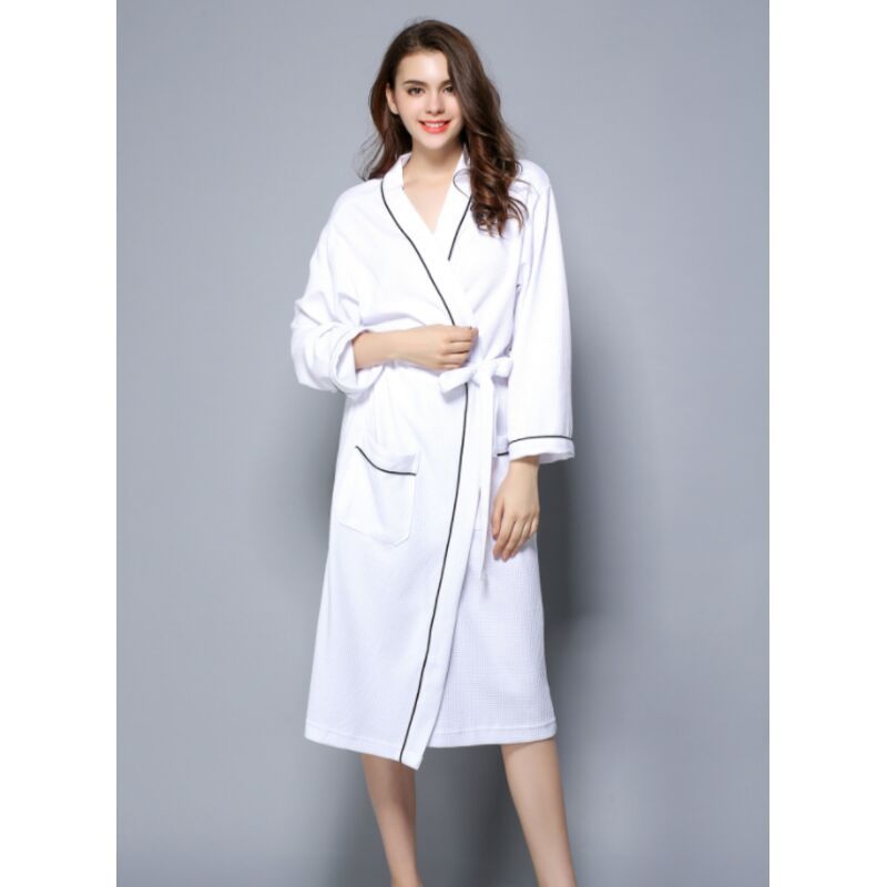 Women Bathrobe, Lightweight Waffle Cotton Unisex Dressing Gown, White L V1188-MS-520-044