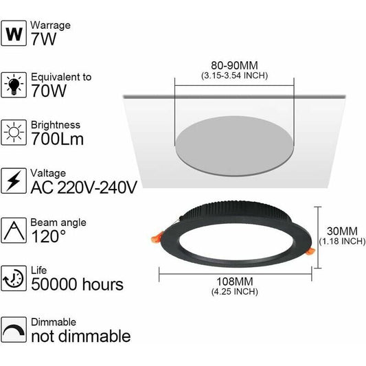 10 Pack Recessed LED Spotlight, 7W 3000K Warm White, IP44, AC 220 to 240V, Cutout 7 to 8.5 cm V1188-MS-520-051