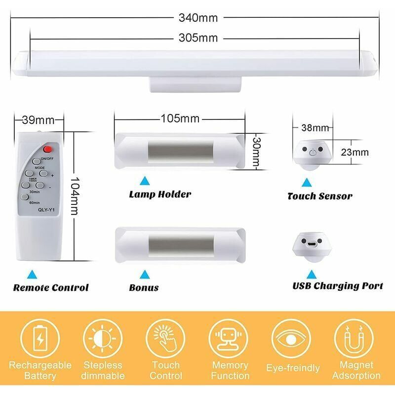 Dimmable LED Cupboard Lamp with Remote Control, Touch Rechargeable Wall Light, 34 cm V1188-MS-520-056
