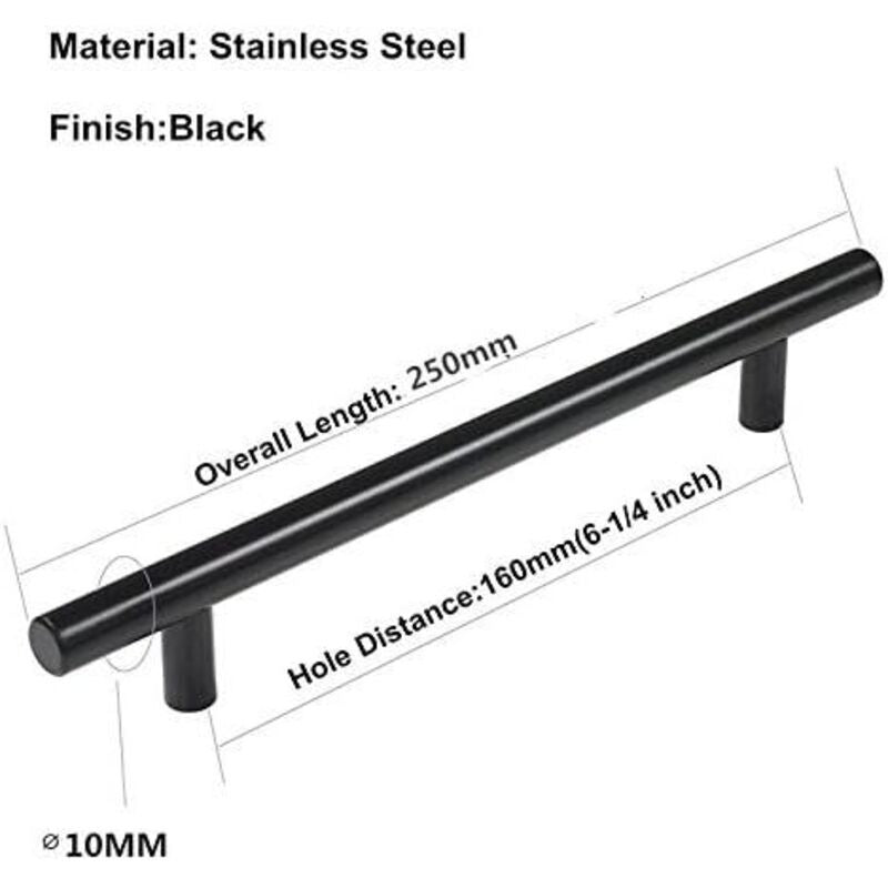 10 Pack Black Stainless Steel T Bar Cabinet Handle, 160 mm V1188-MS-520-067