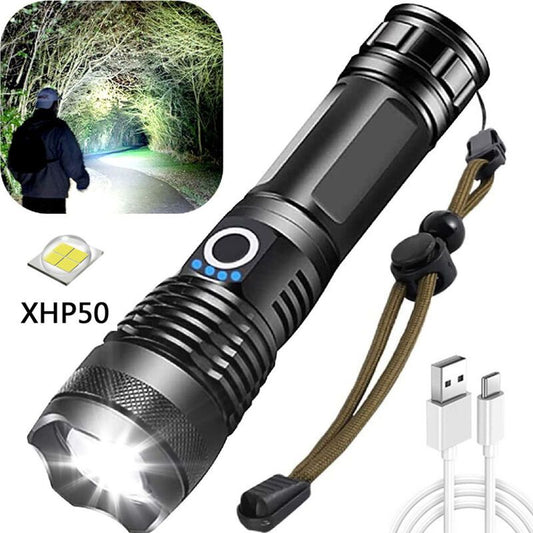 LED Flashlight, 5000 Lumens USB Rechargeable Tactical Torch, 5 Modes, Zoomable, Waterproof, 18650 Battery V1188-MS-520-074