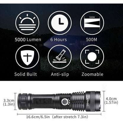LED Flashlight, 5000 Lumens USB Rechargeable Tactical Torch, 5 Modes, Zoomable, Waterproof, 18650 Battery V1188-MS-520-074