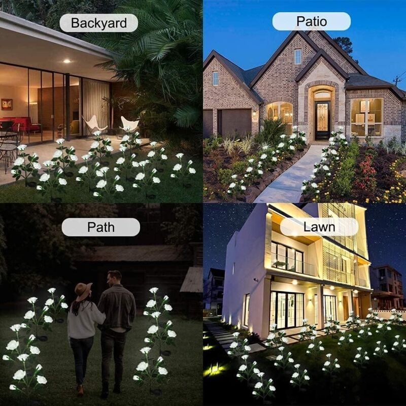 Solar Rose Flower Lights for Outdoor Garden Decor, White V1188-MS-520-077