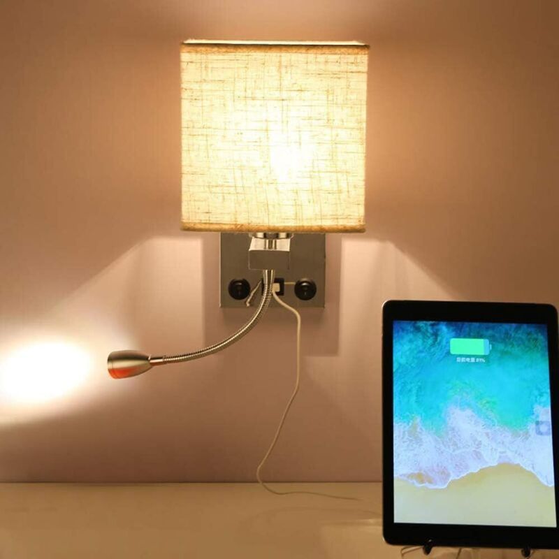 Bedside Wall Lamp with Flexible USB LED Reading Light, E27 Swing Arm Holder, 1 USB Port V1188-MS-520-080