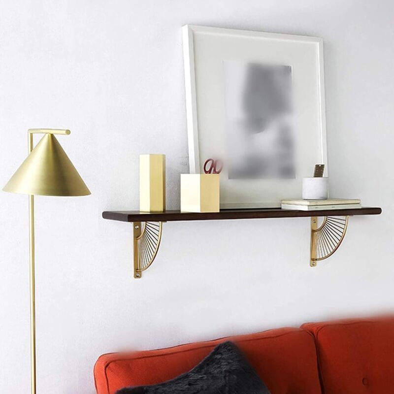 2 Pack Floating Metal Shelf Brackets, Gold Fan Shaped Triangle Wall Brackets, 20 x 20 cm V1188-MS-520-087