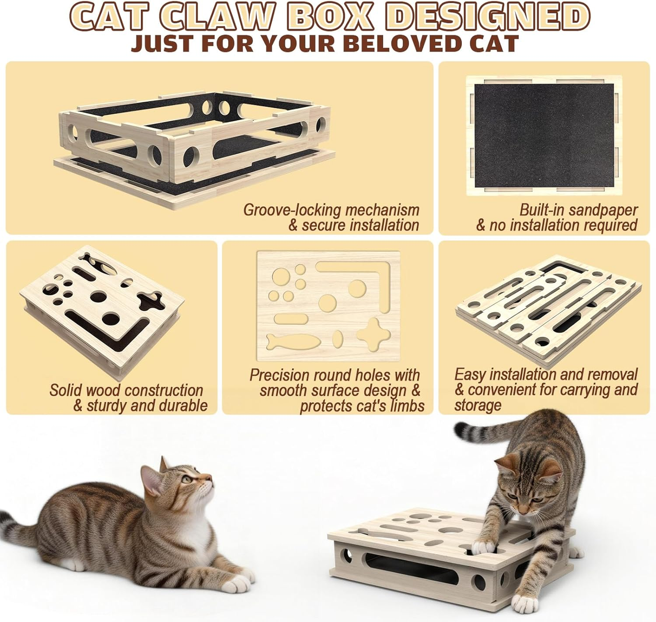 Multi-Functional Cat Claw Care Enrichment Box | Durable Wood Scratcher & Interactive Puzzle for Feline V1188-MS-525-001