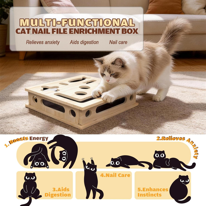 Multi-Functional Cat Claw Care Enrichment Box | Durable Wood Scratcher & Interactive Puzzle for Feline V1188-MS-525-001