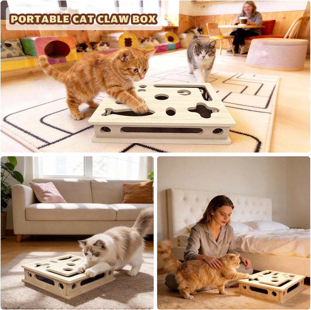 Multi-Functional Cat Claw Care Enrichment Box | Durable Wood Scratcher & Interactive Puzzle for Feline V1188-MS-525-001