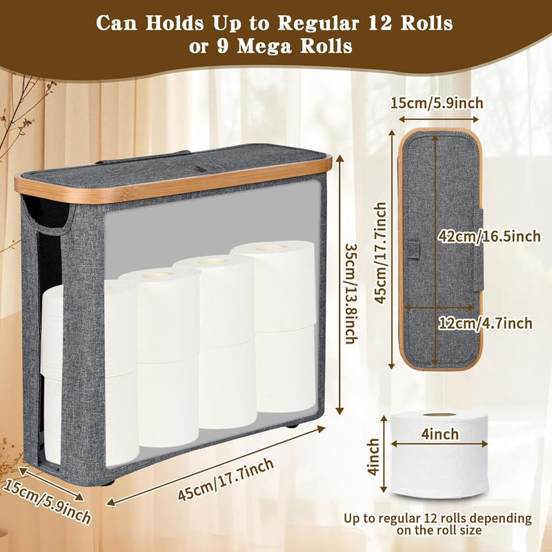 Toilet Paper Storage Basket with Lid, Holds 9-12 Rolls, gray V1188-MS-525-003