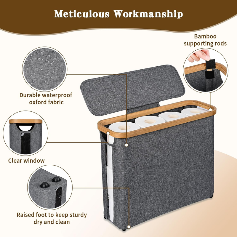 Toilet Paper Storage Basket with Lid, Holds 9-12 Rolls, gray V1188-MS-525-003