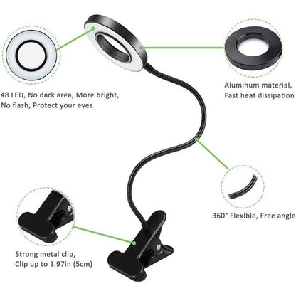 7W USB Clip Desk Lamp 48 LEDs 3 Colors 10 Brightness Levels Black V1188-MS-527-014