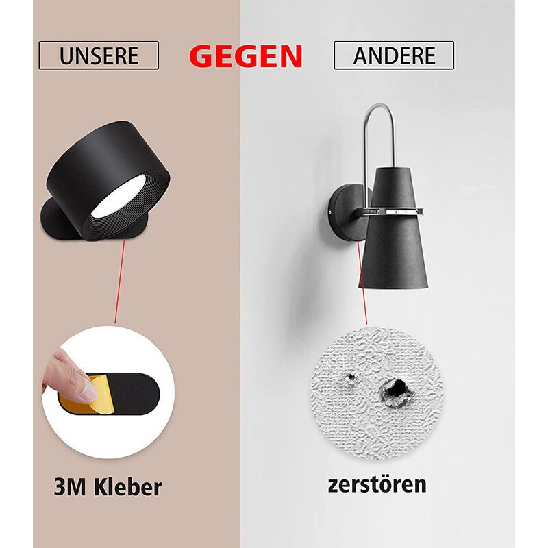 Touch LED Wall Lamp with USB Port 3 Brightness Levels 360 Degree Rotatable Black V1188-MS-527-027
