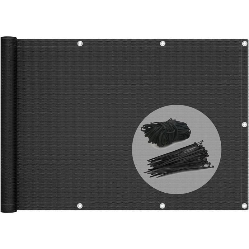 Black HDPE Balcony Privacy Screen 200g m2 with Cable Ties and Cords, 500 x 90 cm V1188-MS-527-078