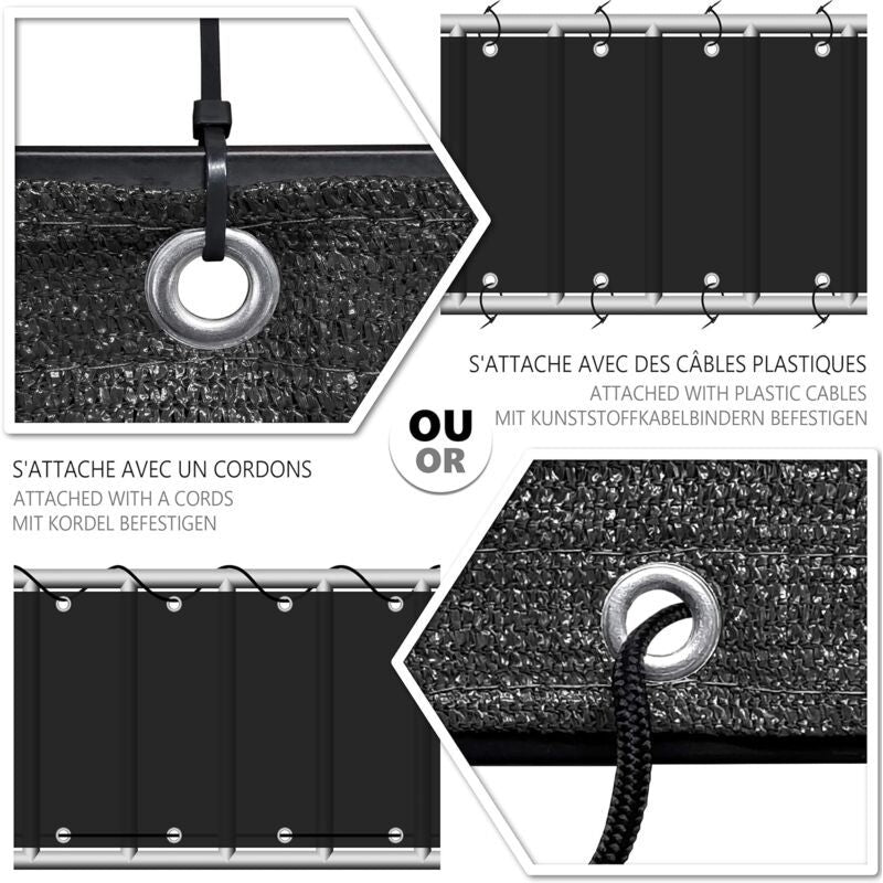Black HDPE Balcony Privacy Screen 200g m2 with Cable Ties and Cords, 500 x 90 cm V1188-MS-527-078