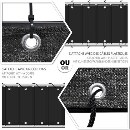 Black HDPE Balcony Privacy Screen 200g m2 with Cable Ties and Cords, 500 x 90 cm V1188-MS-527-078