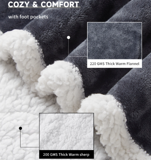 Warm Full Body Wearable Heated Blanket | With Foot Pocket & Auto Shut Off, 127x177CM Washable Heating Wrap V1188-MS-603-010