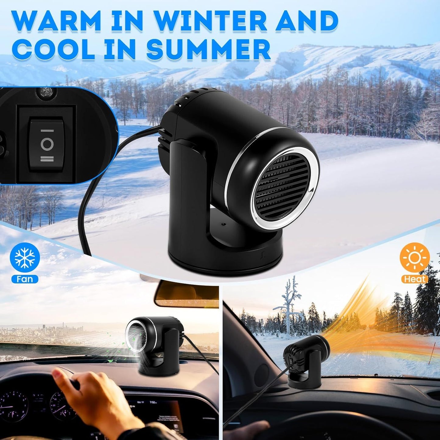 12V 150W Car Heater - 2-in-1 Heating/Cooling - 360-Degree Rotation - Windshield Defroster V1188-MS-612-013