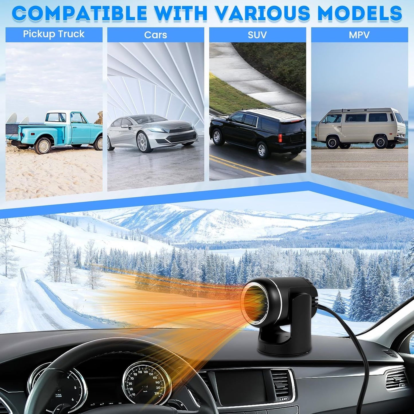 12V 150W Car Heater - 2-in-1 Heating/Cooling - 360-Degree Rotation - Windshield Defroster V1188-MS-612-013