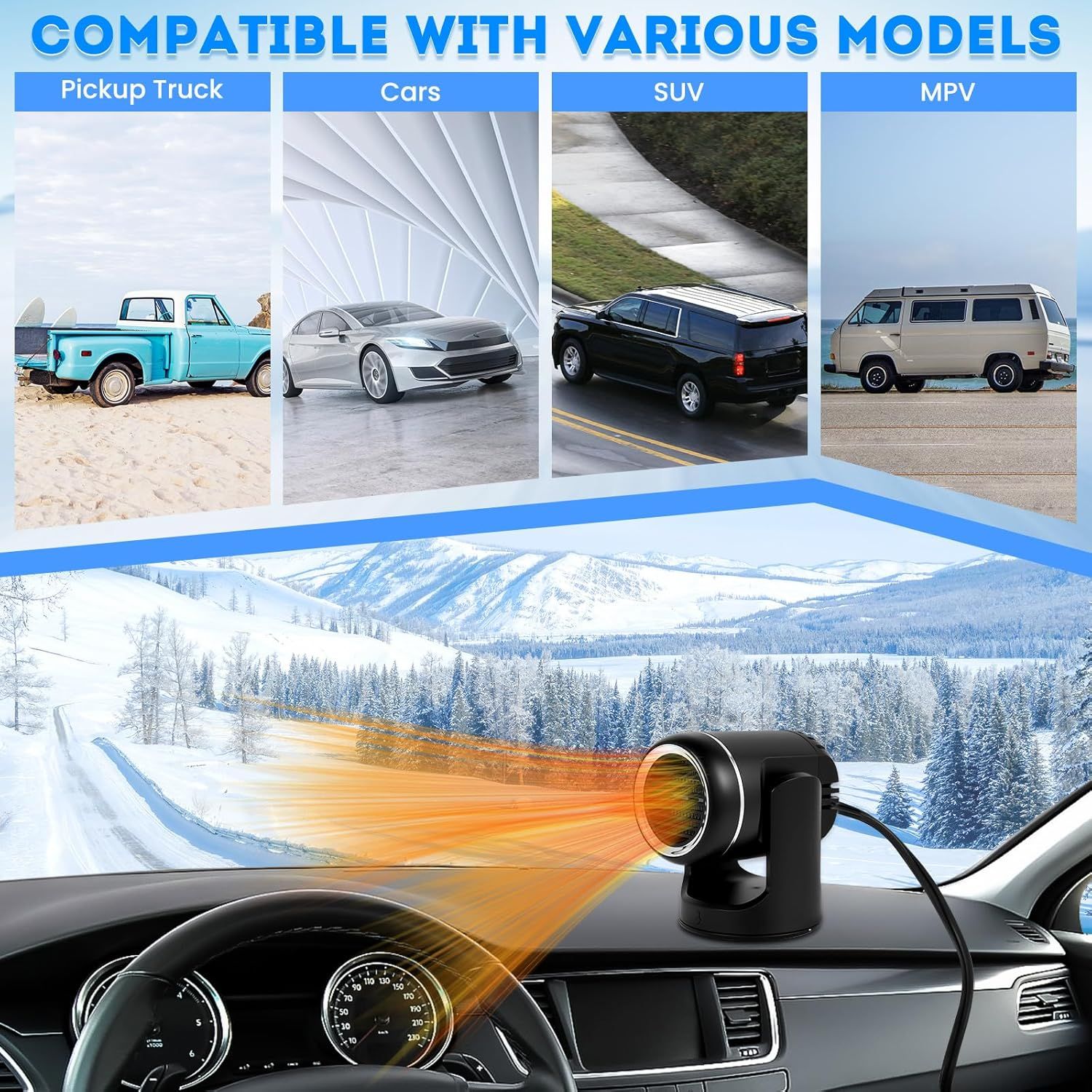12V 150W Car Heater - 2-in-1 Heating/Cooling - 360-Degree Rotation - Windshield Defroster V1188-MS-612-013
