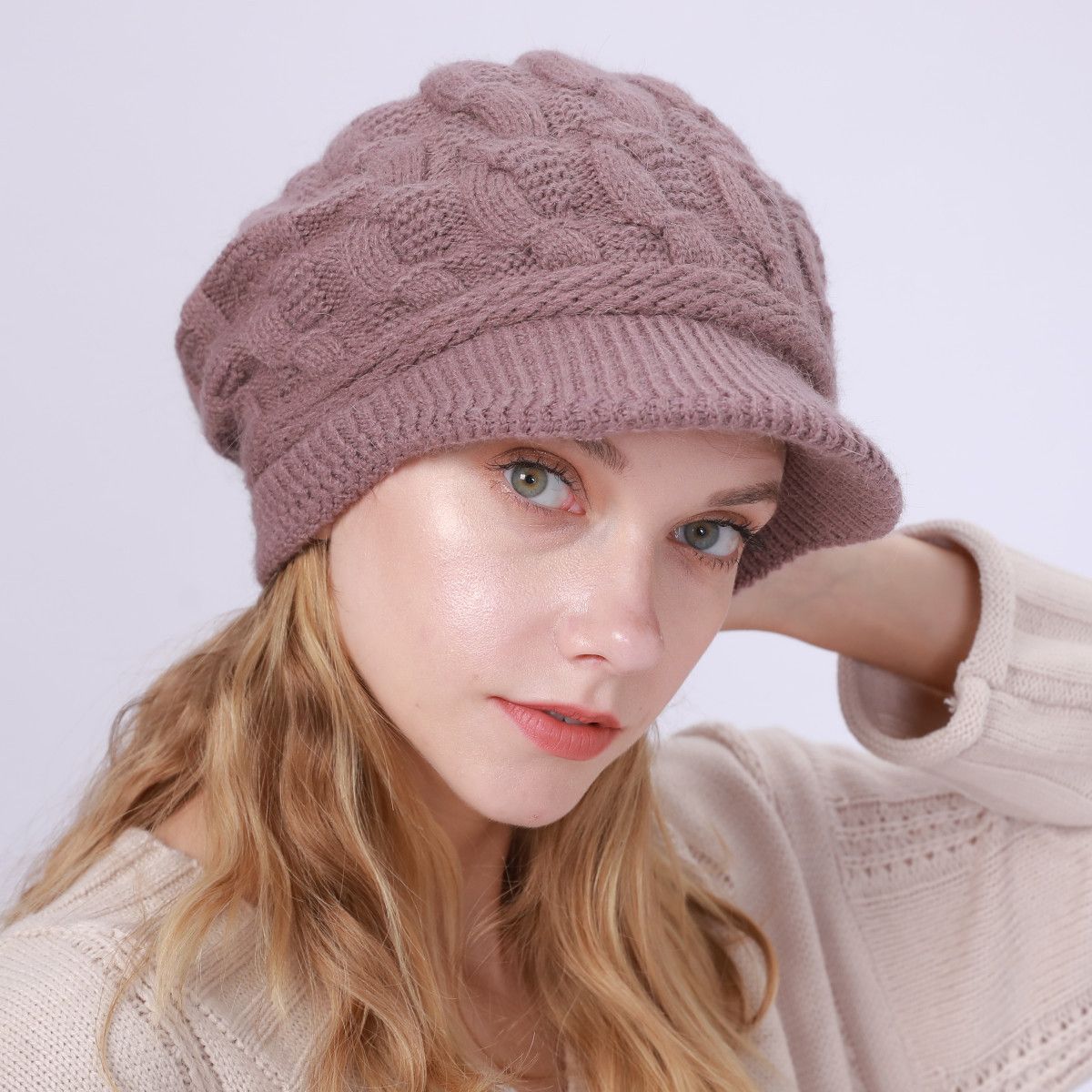 Women's Knitted Hat - Fleece Lining - Crocheted Women's Beret - Purple V1188-MS-612-017