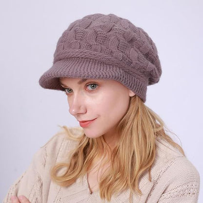 Women's Knitted Hat - Fleece Lining - Crocheted Women's Beret - Purple V1188-MS-612-017