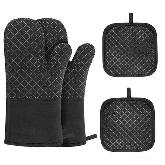 1 Pair Oven Mitts + 2 Pot Holders Set - Heat Resistant up to 230C, Silicone Non-Slip Cooking Gloves for V1188-MS-612-019