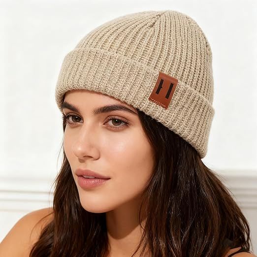 Knitted Hat - Rolled Brim Beanie - Warm Winter Hat - Knit Wool Brimless Cap - Unisex - Beige V1188-MS-612-031