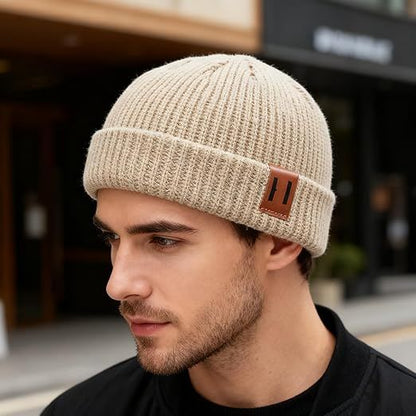 Knitted Hat - Rolled Brim Beanie - Warm Winter Hat - Knit Wool Brimless Cap - Unisex - Beige V1188-MS-612-031
