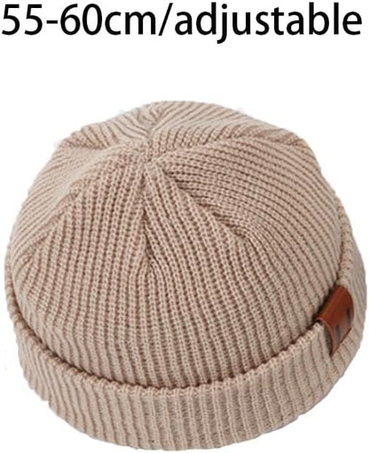 Knitted Hat - Rolled Brim Beanie - Warm Winter Hat - Knit Wool Brimless Cap - Unisex - Beige V1188-MS-612-031