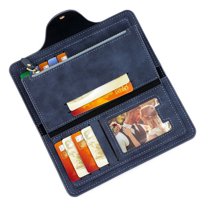 Women's PU Leather Long Wallet with Zipper and Button Closure, Multi-Compartment Clutch Purse, Black V1188-MS-617-004