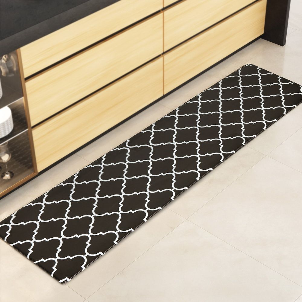 Non-Slip PVC Kitchen Floor Runner 45 x 180 cm, Waterproof Rug, Black Moroccan Trellis V1188-MS-617-020