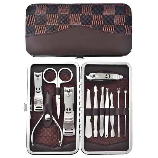 12-Piece Manicure Pedicure Kit, Professional Nail Clipper Grooming Set, Brown Checkered Case V1188-MS-617-025