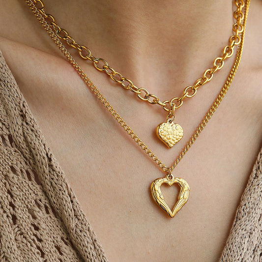 Gold-Plated Heart and Wings Choker Necklace Set, Layered Alloy Cuban Link Jewelry for Women V1188-MS-617-029