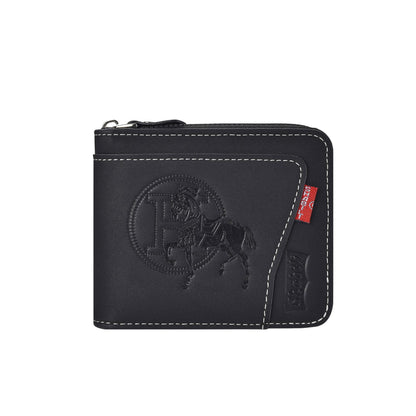 Men's Leather Wallet with Zipper and Horse Embossed Design, Multi-Card Bifold Wallet, Black V1188-MS-617-036