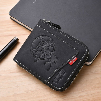 Men's Leather Wallet with Zipper and Horse Embossed Design, Multi-Card Bifold Wallet, Black V1188-MS-617-036