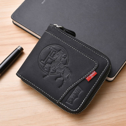 Men's Leather Wallet with Zipper and Horse Embossed Design, Multi-Card Bifold Wallet, Black V1188-MS-617-036