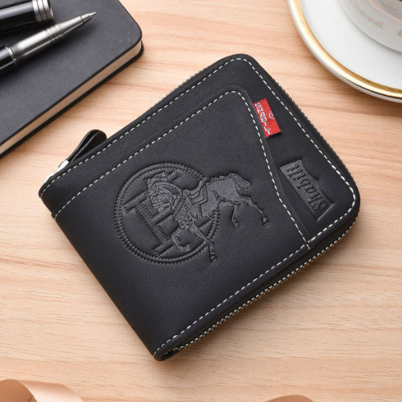 Men's Leather Wallet with Zipper and Horse Embossed Design, Multi-Card Bifold Wallet, Black V1188-MS-617-036