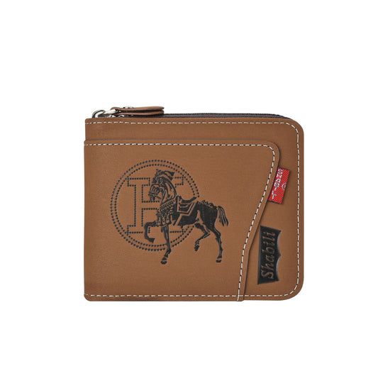 Men's Leather Wallet with Zipper and Horse Embossed Design, Multi-Card Bifold Wallet, Brown V1188-MS-617-037