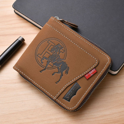Men's Leather Wallet with Zipper and Horse Embossed Design, Multi-Card Bifold Wallet, Brown V1188-MS-617-037