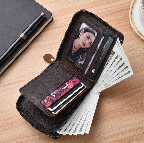 Men's Leather Wallet with Zipper and Horse Embossed Design, Multi-Card Bifold Wallet, Brown V1188-MS-617-037