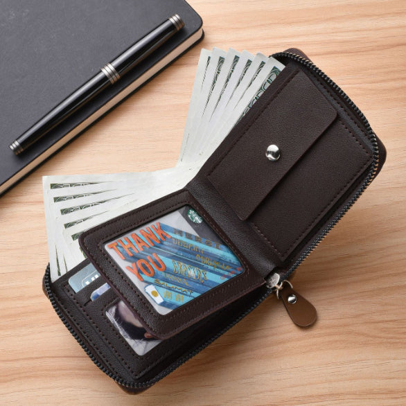 Men's Leather Wallet with Zipper and Horse Embossed Design, Multi-Card Bifold Wallet, Brown V1188-MS-617-037