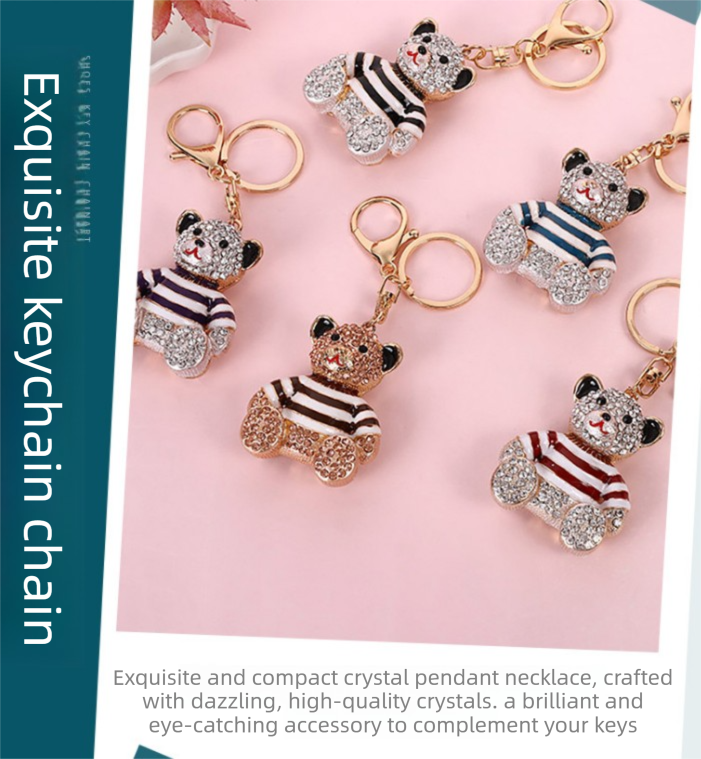 Rhinestone Crystal Bear Keychain, Sparkly Alloy Bag Charm and Cute Keyring, Black Stripe V1188-MS-617-043