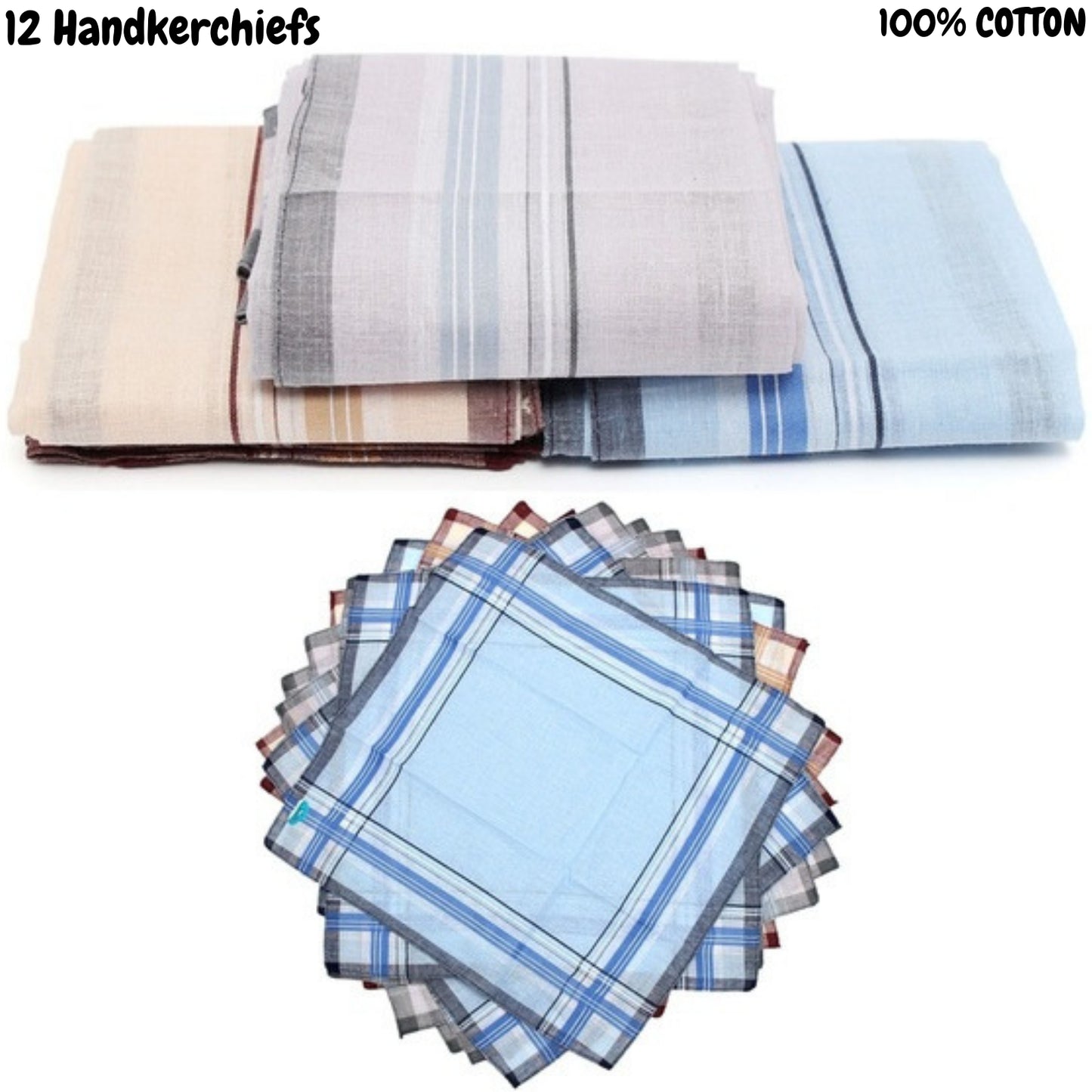 12 Pack Men's Cotton Handkerchiefs, 35 x 35 cm Pocket Square Hankies V1188-MS-617-059