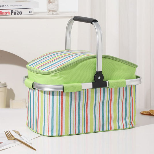 27L Foldable Insulated Picnic Basket Cooler Bag with Aluminum Handles, Green Striped Thermal Hamper V1188-MS-617-064