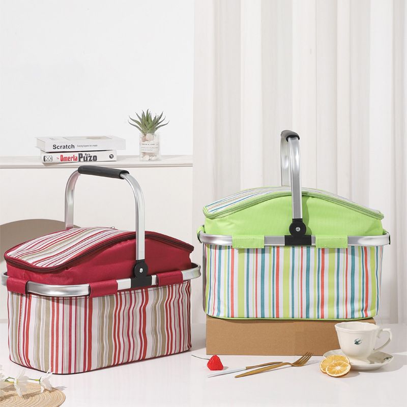 27L Foldable Insulated Picnic Basket Cooler Bag with Aluminum Handles, Green Striped Thermal Hamper V1188-MS-617-064