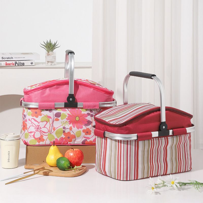 27L Foldable Insulated Picnic Basket Cooler Bag with Aluminum Handles, Green Striped Thermal Hamper V1188-MS-617-064