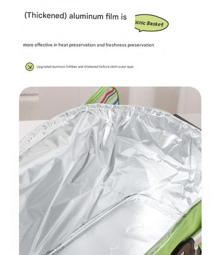 27L Foldable Insulated Picnic Basket Cooler Bag with Aluminum Handles, Green Striped Thermal Hamper V1188-MS-617-064