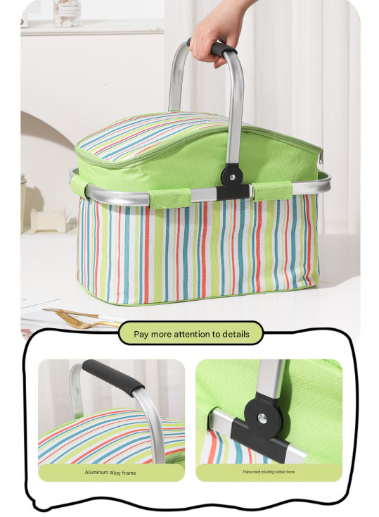 27L Foldable Insulated Picnic Basket Cooler Bag with Aluminum Handles, Green Striped Thermal Hamper V1188-MS-617-064